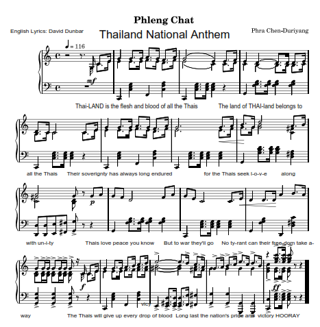Thailand National Anthem (sheet music with Englisl lyrics)